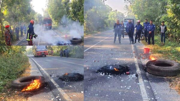 টায়ারে আগুন জ্বালিয়ে বোমা বিস্ফোরণ : চারটি বোমা উদ্ধার