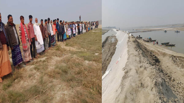 নদীর গতিপথ বন্ধ করে বালু ভরাট করায় হুমকিকে হাট-বাজার