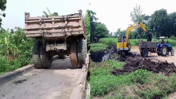 ফসলী জমির মাটি বহনে ব্রিজ ও রেলিং ভাঙ্গার অভিযোগ